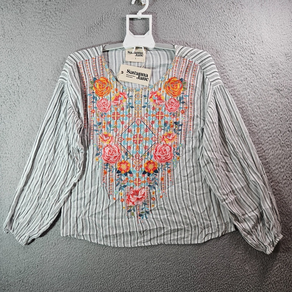 NEW Savanna Jane‎ Embroidered Top Blouse Women Small Floral White Black Striped